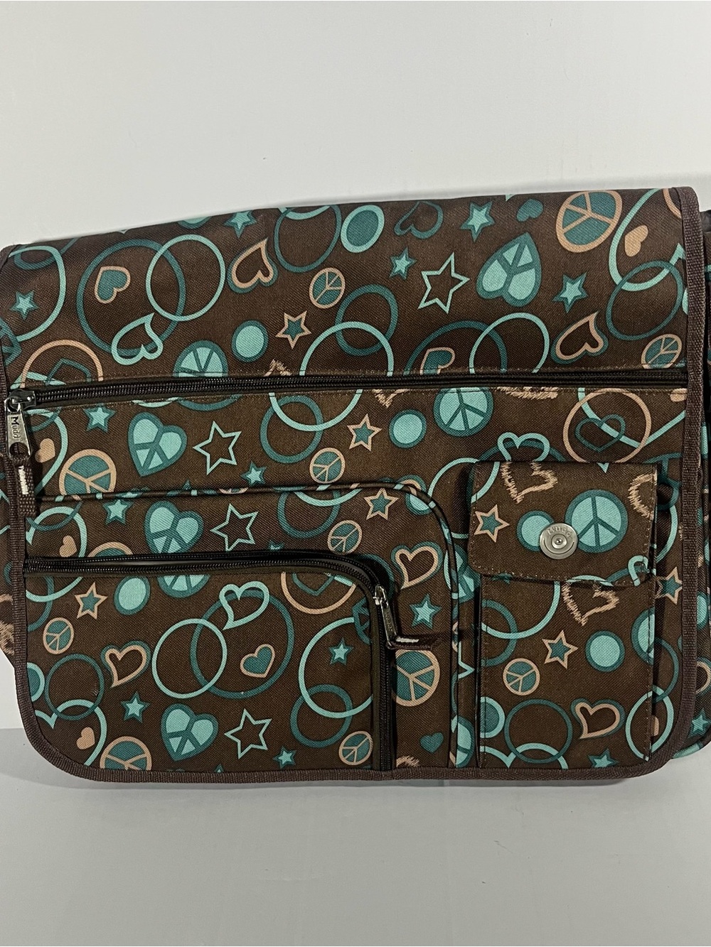 Mudd Brown Canvas Laptop Crossbody with Teal & Tan Peace Print
